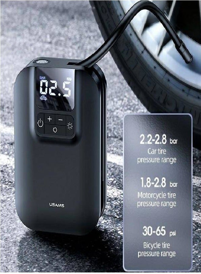Usams Mini Car Air Pump with 5000mAh Battery – Portable Tire Inflator with LED Display, Preset Pressure & Auto-Stop, Emergency Light, Type-C Rechargeable, Inflates Car, Bike & Ball - Image 2