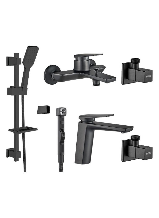 DANUBE HOME Milano Yana Mixer Collection 6 Pcs Set (Basin+Bath+Shattaf+2Pc Angle Valve+Kit) - Matt Black Brass Rain Shower Mixer Combo Wall Mounted Shower Head System Shower Faucet| Bathroom Fixtures 