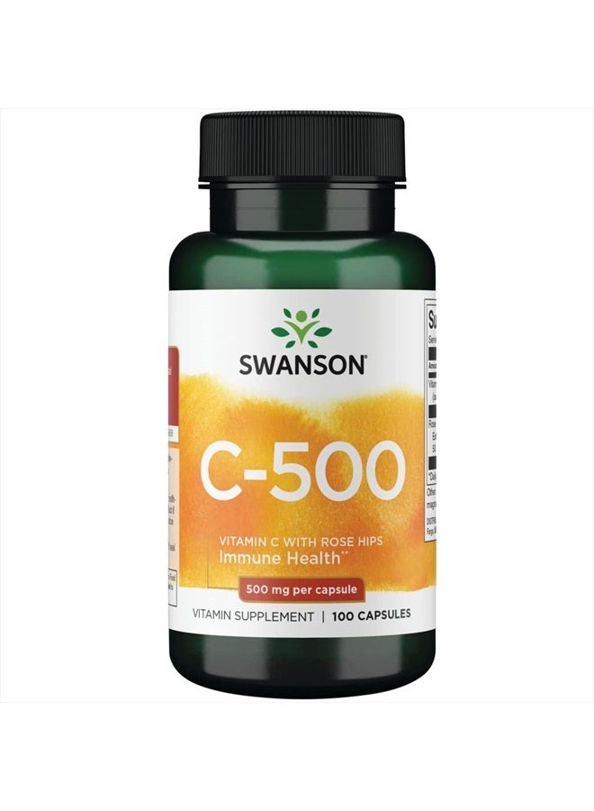 SWANSON Vitamin C with Rose Hips Immune System Support Skin Cardiovascular Health Antioxidant Supplement 500 mg 100 Capsules - Image 1