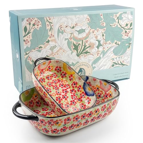 Moqidadii Polish Pottery Style Ceramic Baking Dish Set, 2-Piece Large & Small Casserole Bakers for 2–3 People, Floral Oven-to-Table Bakeware, Microwave & Dishwasher Safe, Gift-Ready with Protective Packaging - Image 1