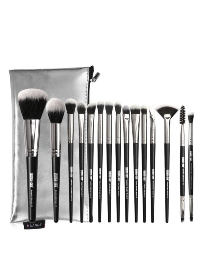 15-Piece Professional Makeup Brush Set With Case Black/Silver - Image 1