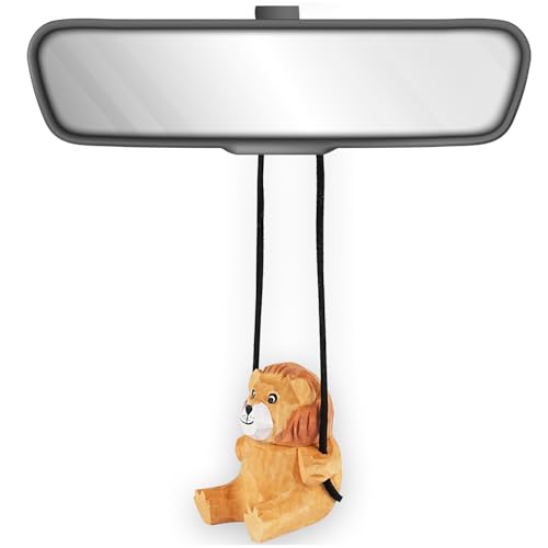 VIPbuy Handmade Wooden Swinging Lion Car Hanging Ornament Cute Hand Carved Painted Wood Animal Figurine Car Mirror Hanging Accessories Decor Gifts Lion - Image 1
