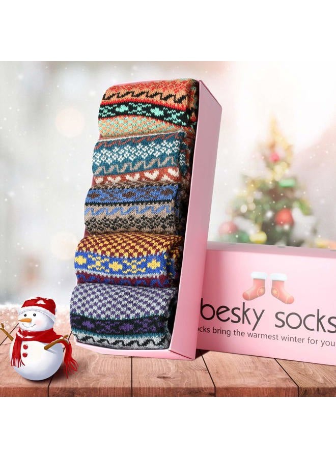 besky Women Winter Socks 5 Pairs Cotton Thick Knit Vintage Soft Cozy Casual Fuzzy Crew Socks Gifts - Image 5