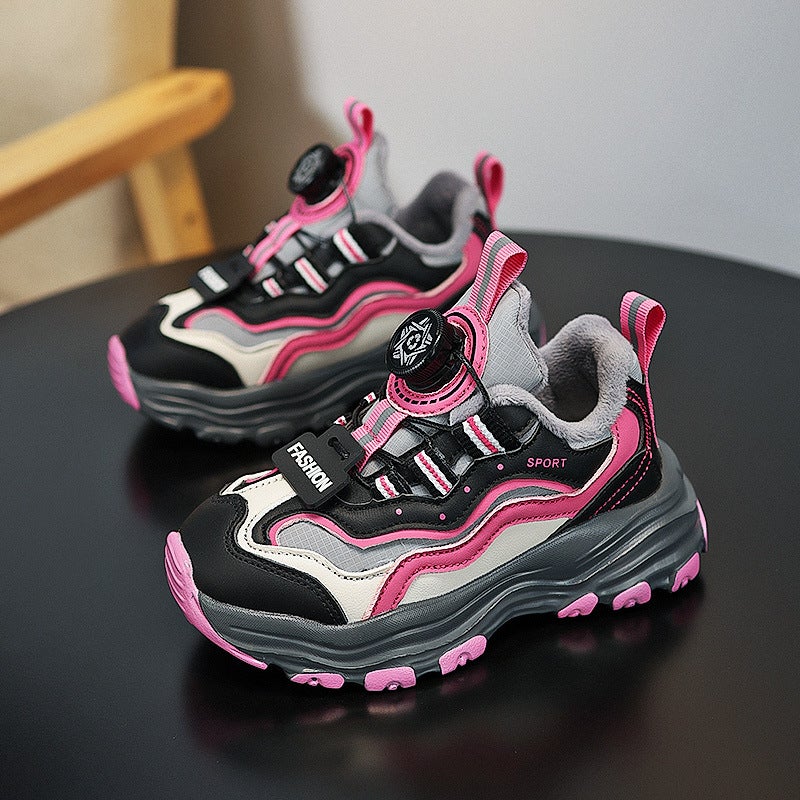 Children'S Sneaker 2024 Leather Two Cotton Swivel Button Boys Sneaker Children Casual Shoes Running Shoes - Image 5