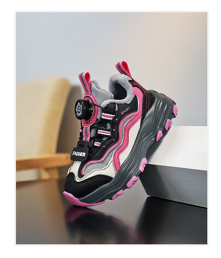 Children'S Sneaker 2024 Leather Two Cotton Swivel Button Boys Sneaker Children Casual Shoes Running Shoes - Image 1