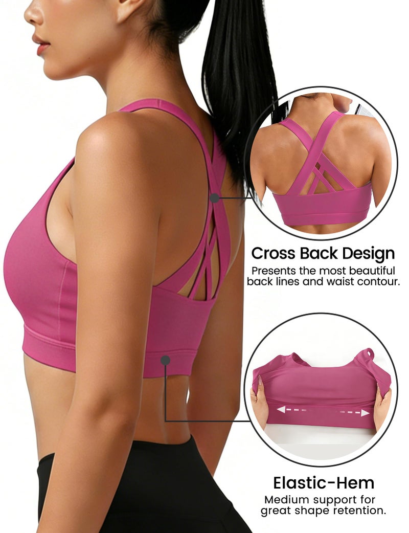 Women's Criss Cross Back Sports Bra with Removable Cups, Medium Support for Yoga Running Gym - Image 3