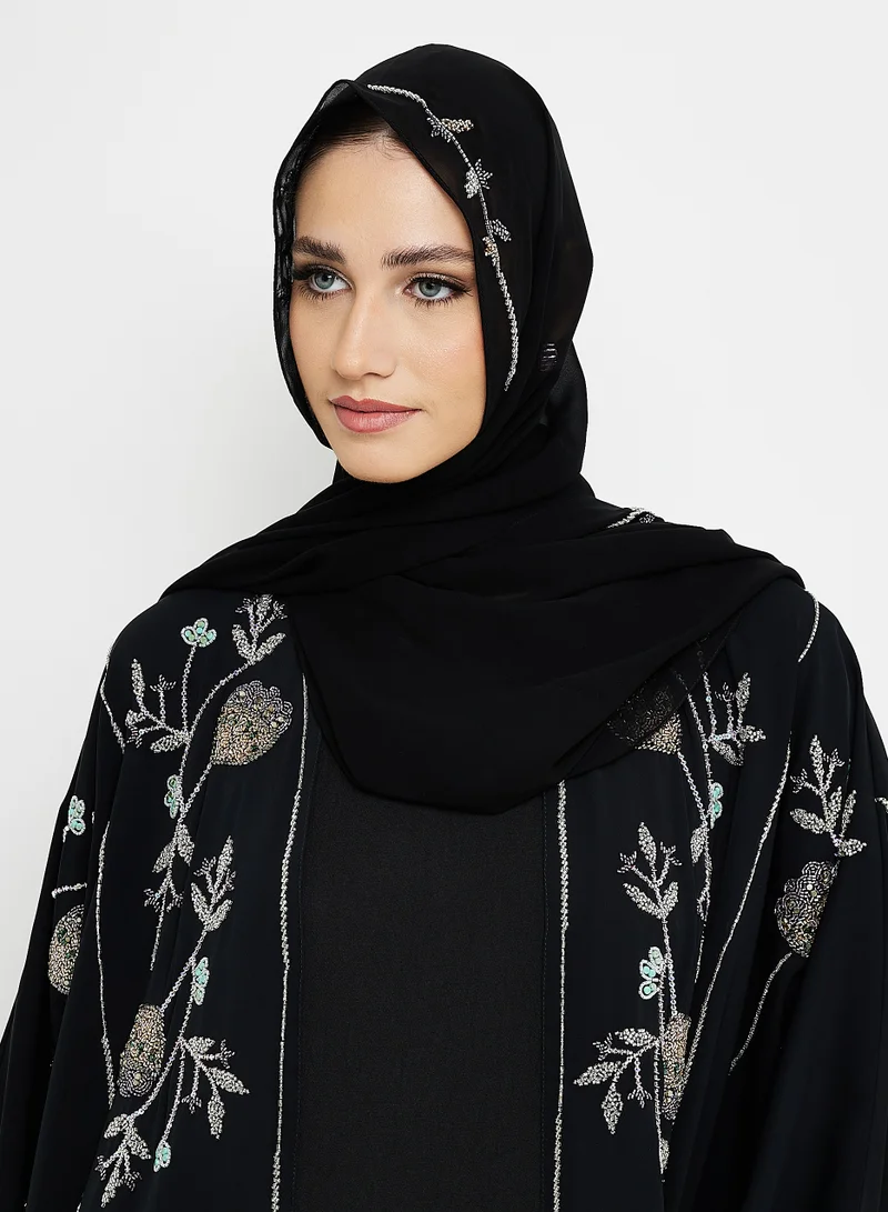 روزيت عباية عباية سوداء مع تصميم تطريز يدوي + شيلة