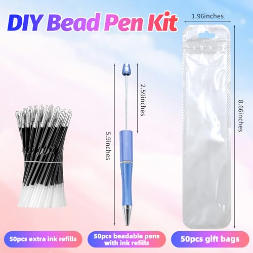 DASTTUIS 150 Pieces DIY Beadable Pen Kit – 50 Plastic Ballpoint Pens with Refills & Bags – School Supplies, Office Accessories & Decorative Items for Students & Teachers (Blue) - Image 2
