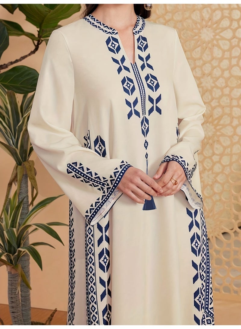 general Muslim women's printed V-neck robe, Arab ethnic style printed dress - Image 2