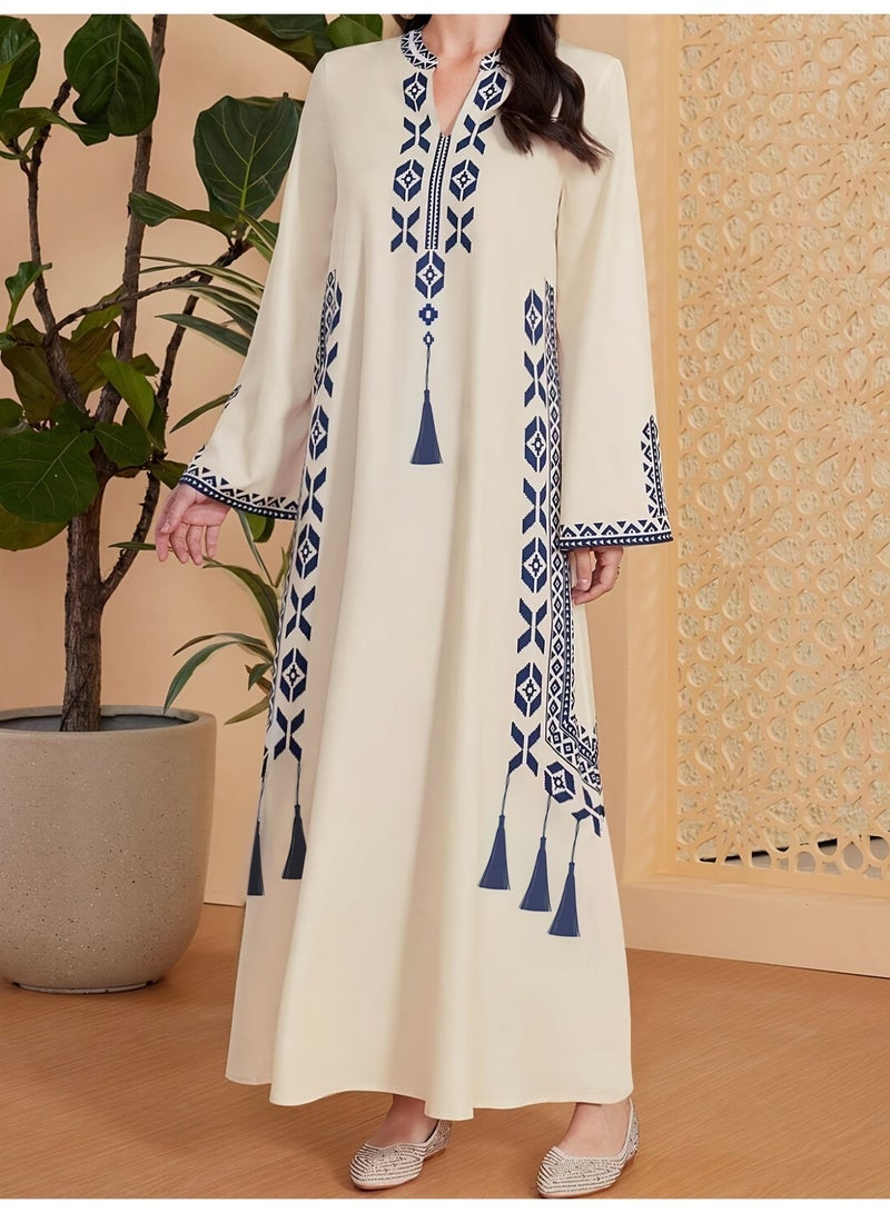 general Muslim women's printed V-neck robe, Arab ethnic style printed dress - Image 1