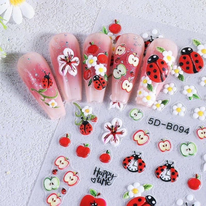 Sevgob Flower Nail Stickers 5D Embossed Tulip Cherry Nail Decals Colorful Floral Daisy Nail Designs Cute Cat Ladybug Nails Supplies Self Adhesive Spring Summer Decals Stickers for Women DIY Manicure 3Sheets - Image 5