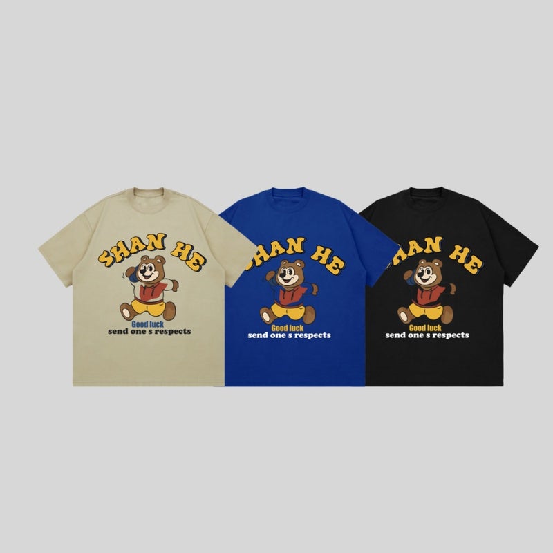 260G Heavy Short-Sleeved T-Shirt Men'S Summer Wide Loose Shoulder T-Shirt Bear Letter Printed Trendy Casual Top - Image 2