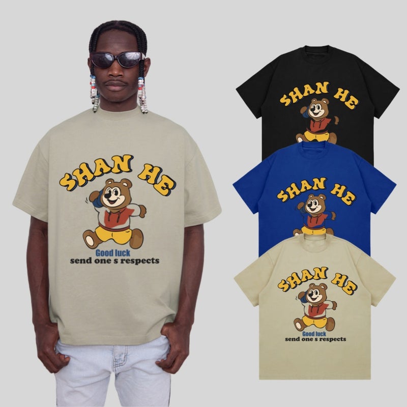 260G Heavy Short-Sleeved T-Shirt Men'S Summer Wide Loose Shoulder T-Shirt Bear Letter Printed Trendy Casual Top - Image 3