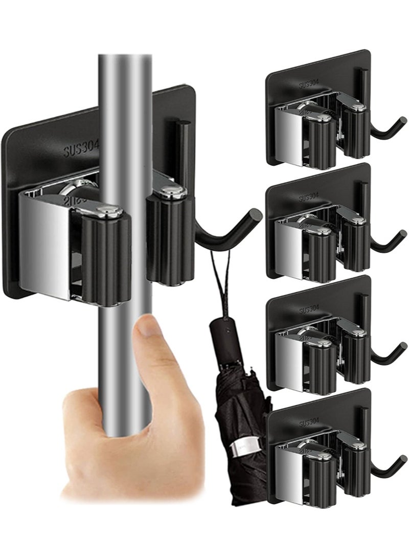 HaLunhi 4 PCS Adhesive Broom Holder Wall Mounted–Stainless Steel Mop Holder for Bathroom and Kitchen,No Drill Wall Organizer for Broom Stick,Cleaning Tools Hanger - Image 1