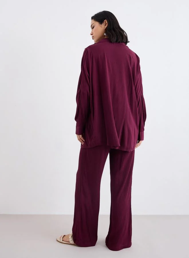 Styli  Styli Crinkled Oversized Shirt and Wide Leg Pants Co-Ords for Women | Best Price UAE