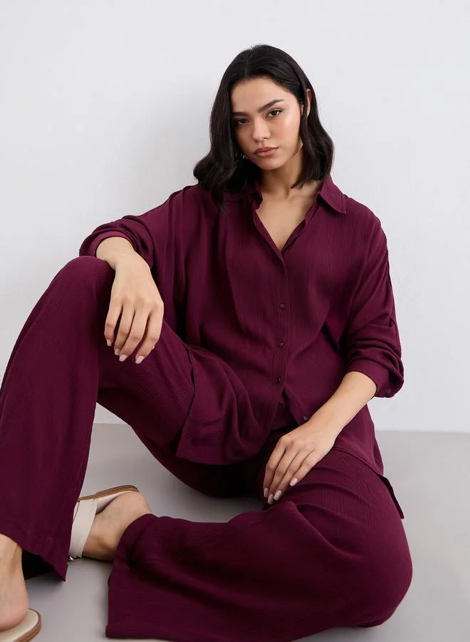Styli  Styli Crinkled Oversized Shirt and Wide Leg Pants Co-Ords for Women | Best Price UAE