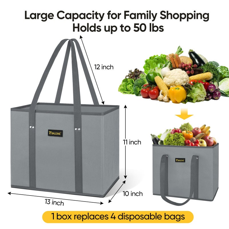 BALEINE 3Pk Reusable Grocery Bags, Foldable Shopping Bags for Groceries with Reinforced Bottom & Handles (Gray) - Image 2
