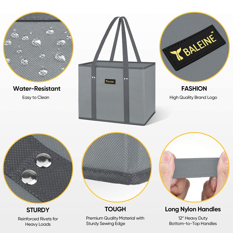 BALEINE 3Pk Reusable Grocery Bags, Foldable Shopping Bags for Groceries with Reinforced Bottom & Handles (Gray) - Image 5