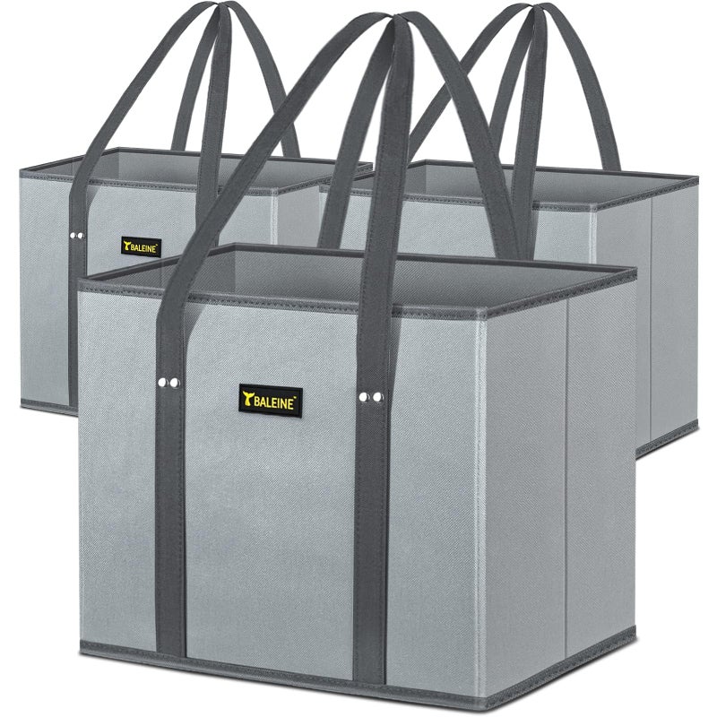 BALEINE 3Pk Reusable Grocery Bags, Foldable Shopping Bags for Groceries with Reinforced Bottom & Handles (Gray) - Image 1