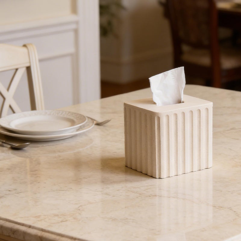 Polytree Striped White Sandstone Tissue Box Cover Square for Home Decor,Resin Heavy Tissue Box Holder for Bathroom Countertop,Tabletop,Bedside Table,Office (Handmade of Resin) - Image 4