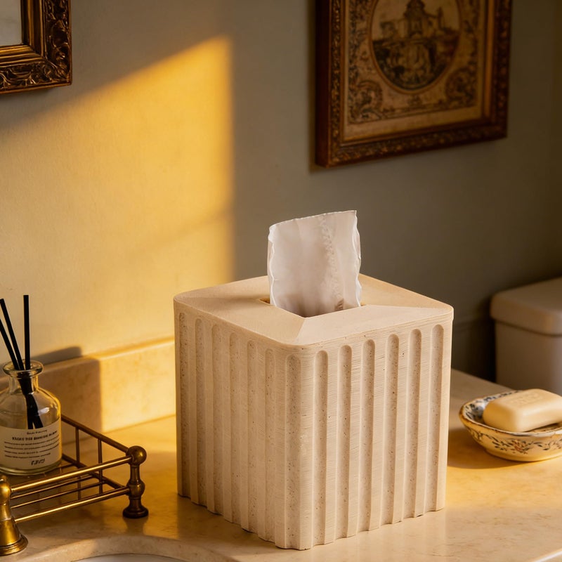 Polytree Striped White Sandstone Tissue Box Cover Square for Home Decor,Resin Heavy Tissue Box Holder for Bathroom Countertop,Tabletop,Bedside Table,Office (Handmade of Resin) - Image 2