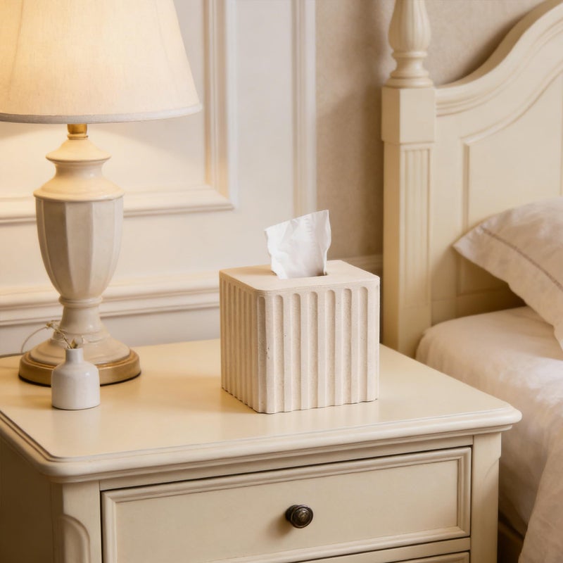 Polytree Striped White Sandstone Tissue Box Cover Square for Home Decor,Resin Heavy Tissue Box Holder for Bathroom Countertop,Tabletop,Bedside Table,Office (Handmade of Resin) - Image 5