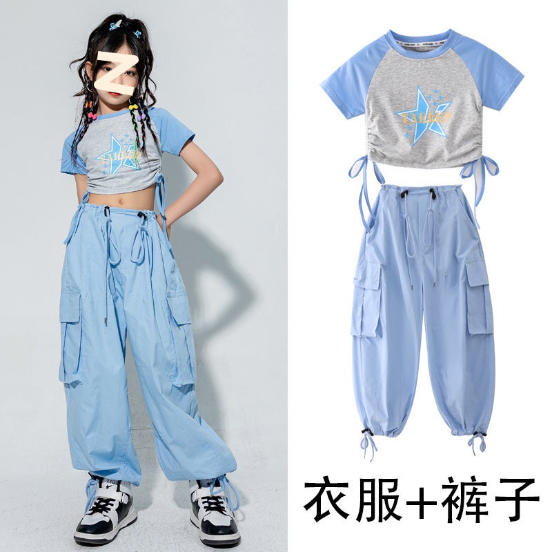 Girls Summer Dress Street Dance Sough and Handsome suit 2024 New Childrens Dopamine Show Jazz Dance Dress 2004 top + blue overalls 