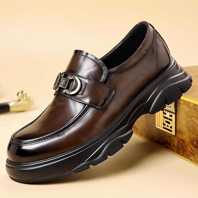 Men'S Shoes 2025 Spring Round Toe Horsebit Casual Loafers Slip-On Trendy Versatile Soft Leather Business Shoes - Image 1