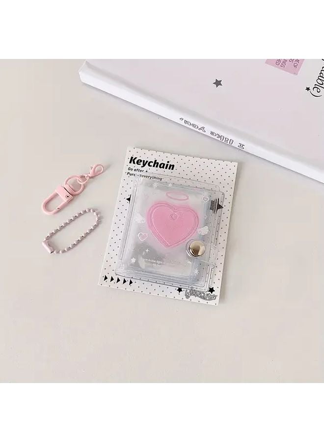Pink PVC Keychain Photo Album Holder With Heart Shaped Clear Window Durable ID Card Organizer - Image 1