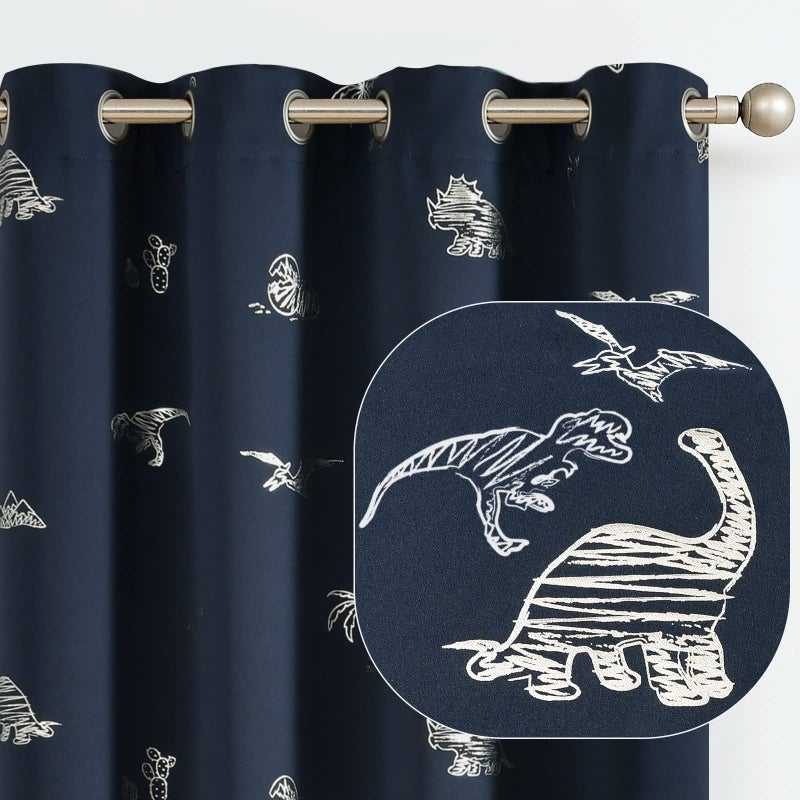 Vangao Vangao Kids Curtains Navy Blue Blackout Dinosaur Curtains for Boys Kids Nursery Girls Room Silver Dino Foil Print Thermal Insulated Drapes Grommet Top Window Treatments 84 Inches Length 2 Panels 