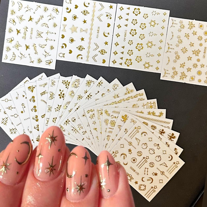 SPLOCUDU 30 Sheets Gold Nail Art Stickers Gold Flower Butterfly Nail Stickers Star Line Self-Adhesive Nail Decals Acrylic Nails DIY Design Nail Supplies for Women and Girls - Image 1