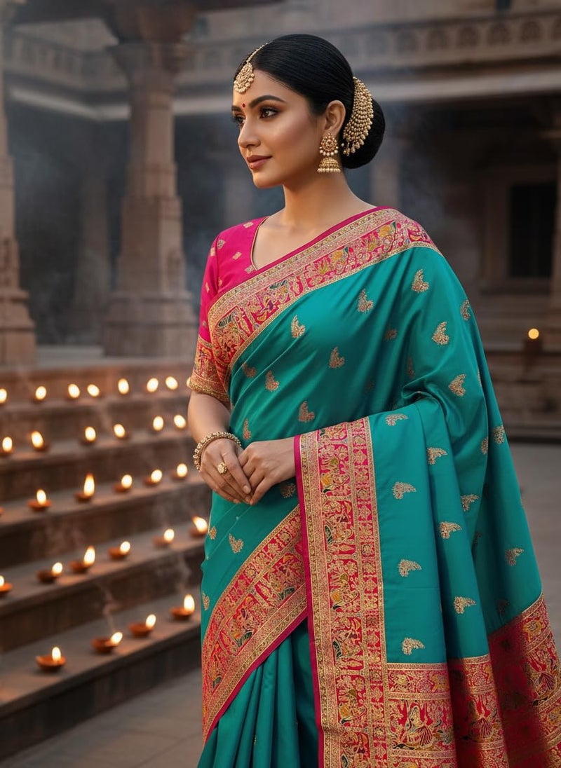 Glory Sarees Women's Kashmiri Pashmina Pure Silk Meenakari Woven Saree With Blouse Piece (Pashmina_Silk103_Rama) - Image 3