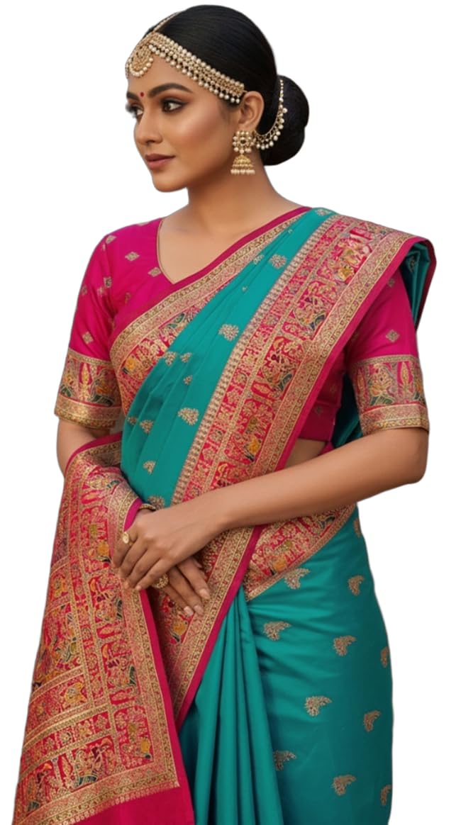 Glory Sarees Women's Kashmiri Pashmina Pure Silk Meenakari Woven Saree With Blouse Piece (Pashmina_Silk103_Rama) - Image 1