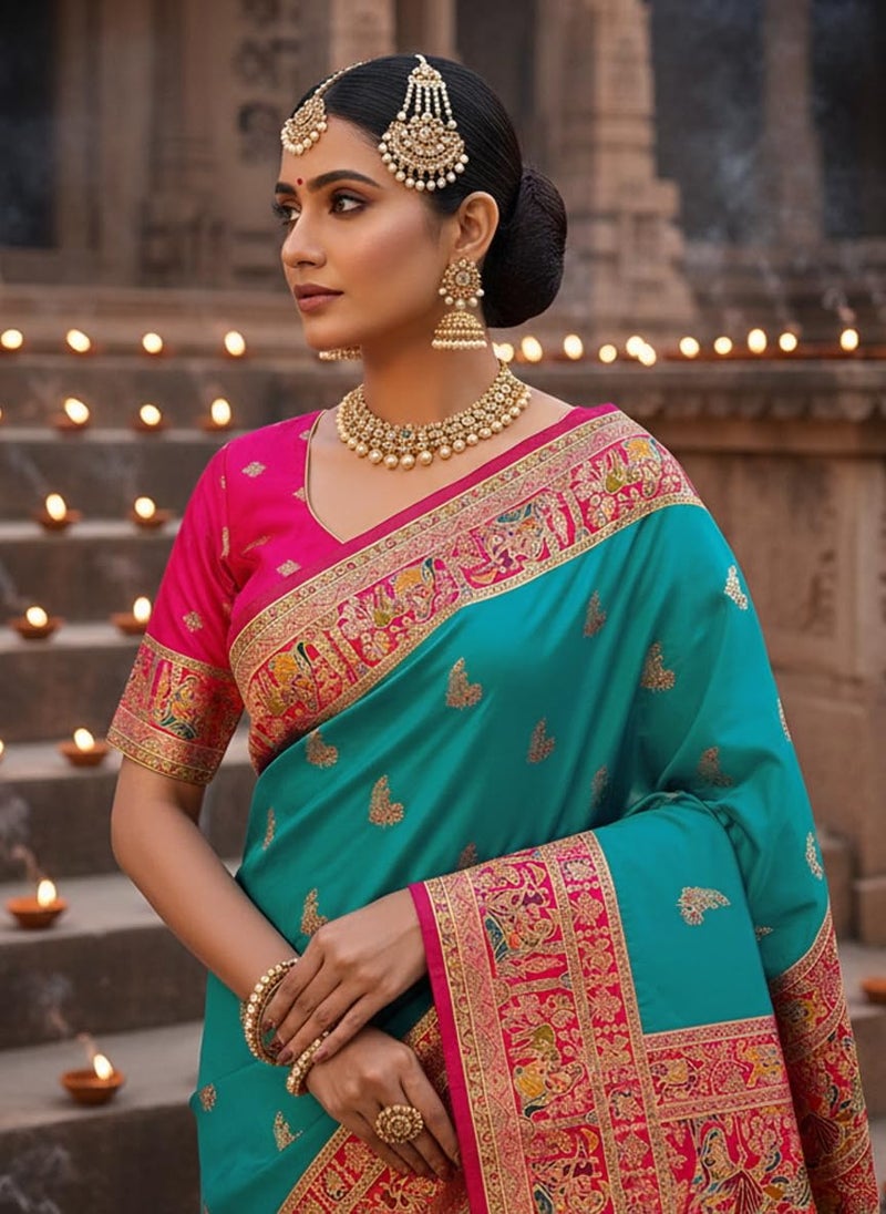 Glory Sarees Women's Kashmiri Pashmina Pure Silk Meenakari Woven Saree With Blouse Piece (Pashmina_Silk103_Rama) - Image 5