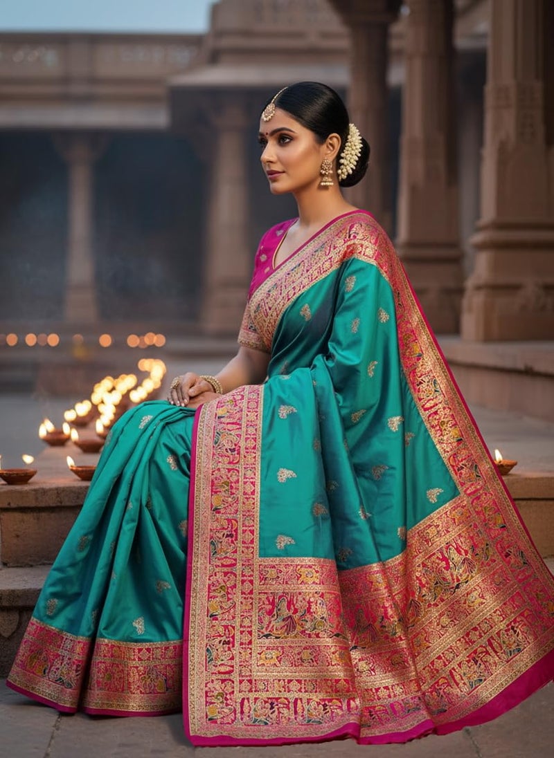 Glory Sarees Women's Kashmiri Pashmina Pure Silk Meenakari Woven Saree With Blouse Piece (Pashmina_Silk103_Rama) - Image 2