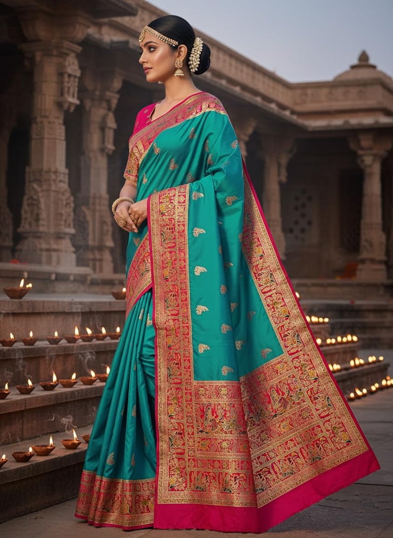 Glory Sarees Women's Kashmiri Pashmina Pure Silk Meenakari Woven Saree With Blouse Piece (Pashmina_Silk103_Rama) - Image 4