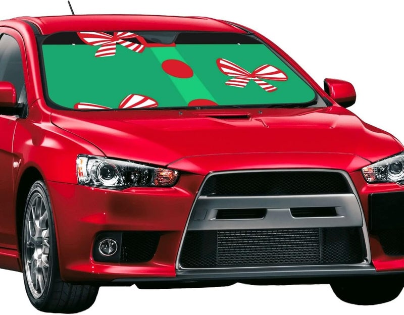 Bows red Green Winter Christmas Santa Elf Suit Car Windshield Sun Shade, Keeps Interior Cool, Foldable Sun Visor Protector, Fits Cars Trucks SUVs Medium - Image 2