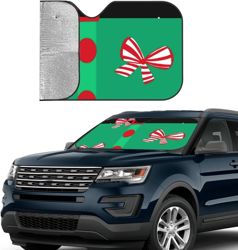 Bows red Green Winter Christmas Santa Elf Suit Car Windshield Sun Shade, Keeps Interior Cool, Foldable Sun Visor Protector, Fits Cars Trucks SUVs Medium - Image 3