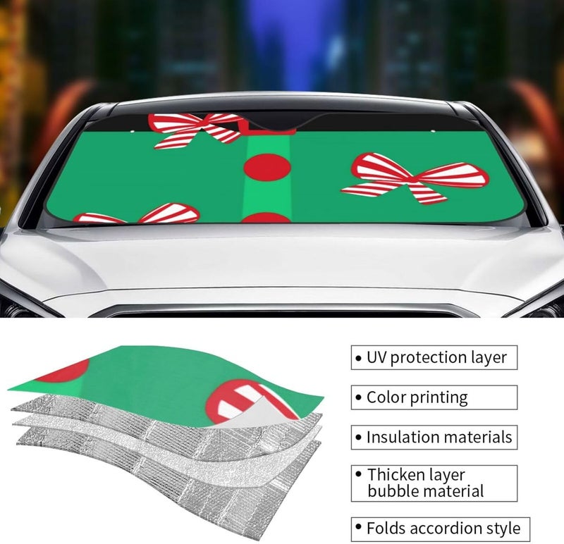 Bows red Green Winter Christmas Santa Elf Suit Car Windshield Sun Shade, Keeps Interior Cool, Foldable Sun Visor Protector, Fits Cars Trucks SUVs Medium - Image 5