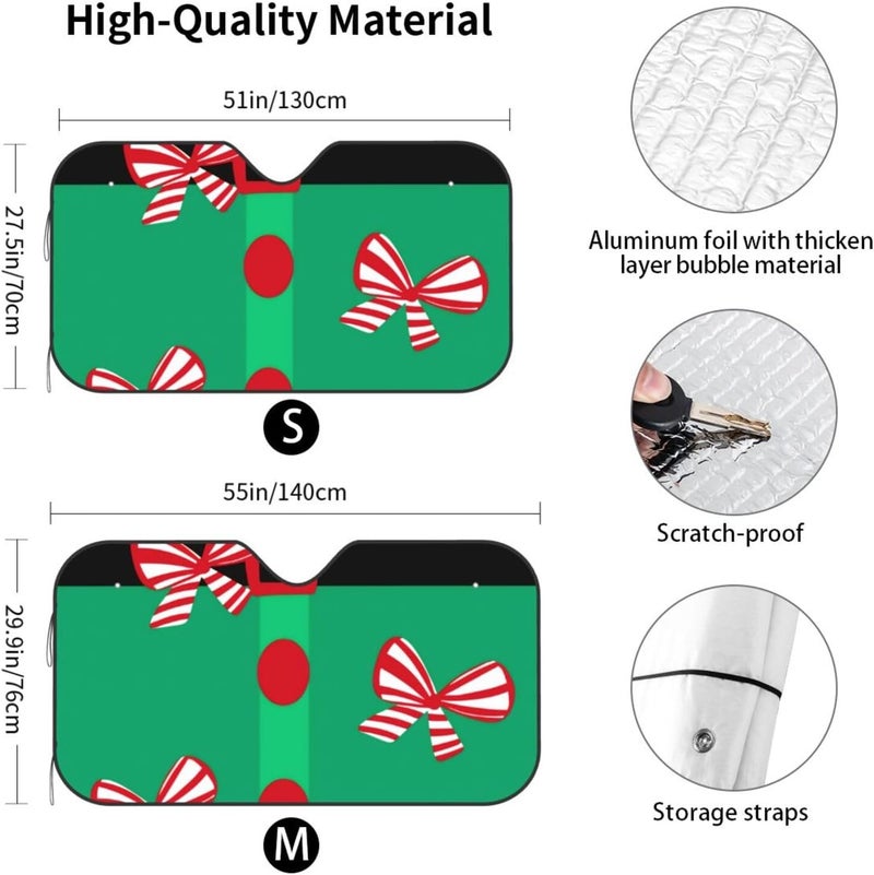 Bows red Green Winter Christmas Santa Elf Suit Car Windshield Sun Shade, Keeps Interior Cool, Foldable Sun Visor Protector, Fits Cars Trucks SUVs Medium - Image 4