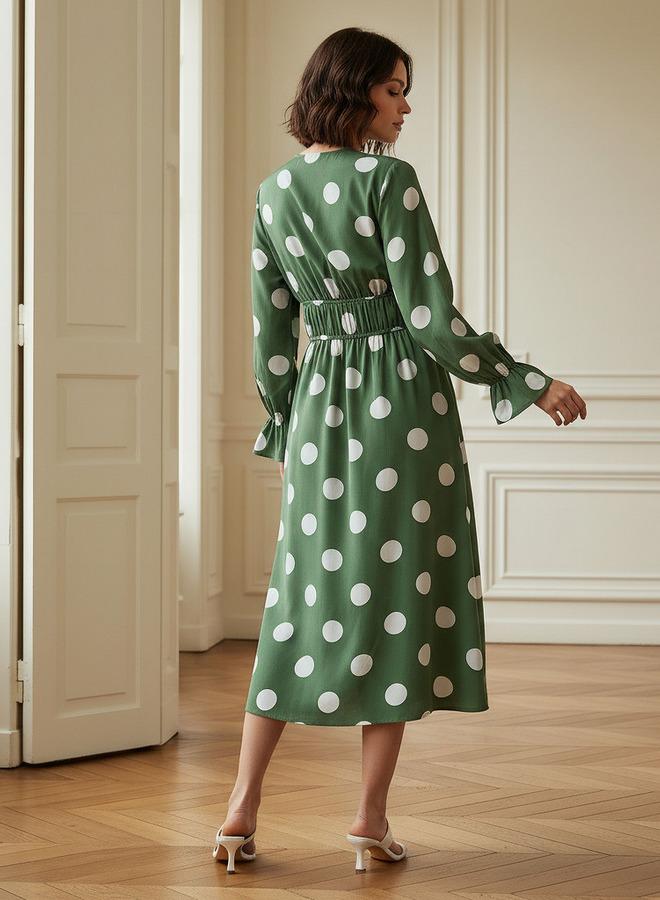 Splash FAV Polka Dot Print Midi Dress with Long Sleeves and Cinched Waist Detail - Image 3