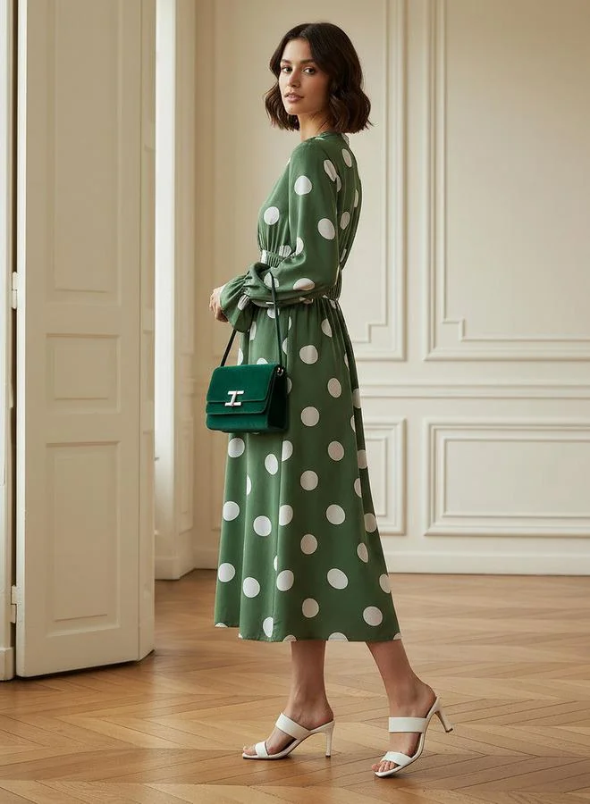 Splash FAV Polka Dot Print Midi Dress with Long Sleeves and Cinched Waist Detail