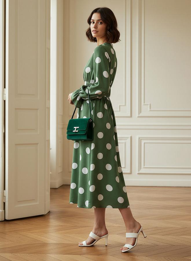 Splash FAV Polka Dot Print Midi Dress with Long Sleeves and Cinched Waist Detail - Image 2