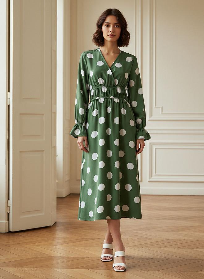 Splash FAV Polka Dot Print Midi Dress with Long Sleeves and Cinched Waist Detail - Image 1