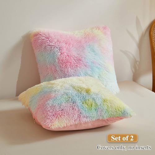 XeGe Rainbow Faux Fur Throw Pillow Covers, Tie Dye Multicolor Shaggy Decorative Pillow Cushion Cover, Luxury Fluffy Plush Pillow Cases for Sofa Bed Zipper Closure, Pack of 2(18''x18'', Rainbow) - Image 2