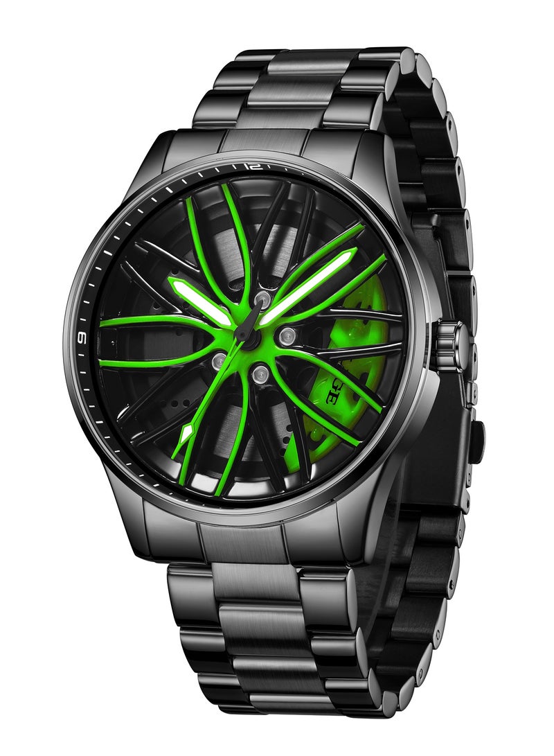 LIGE Men's Creative Rotatable Car Green Wheel Rim Design Watch Dial Waterproof Sports Quartz Watches Luxury Metal Strap Black  - Image 1