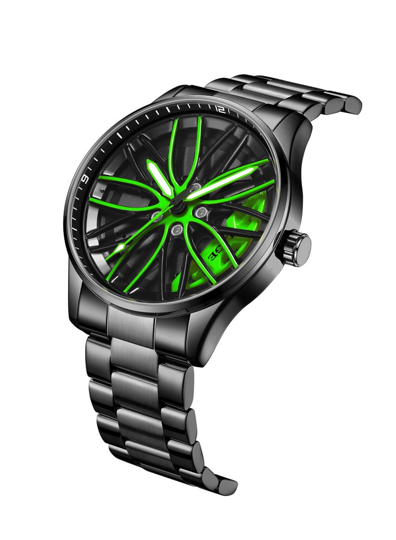 LIGE Men's Creative Rotatable Car Green Wheel Rim Design Watch Dial Waterproof Sports Quartz Watches Luxury Metal Strap Black  - Image 3