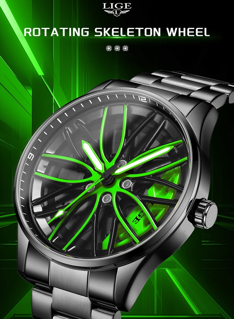 LIGE Men's Creative Rotatable Car Green Wheel Rim Design Watch Dial Waterproof Sports Quartz Watches Luxury Metal Strap Black  - Image 4