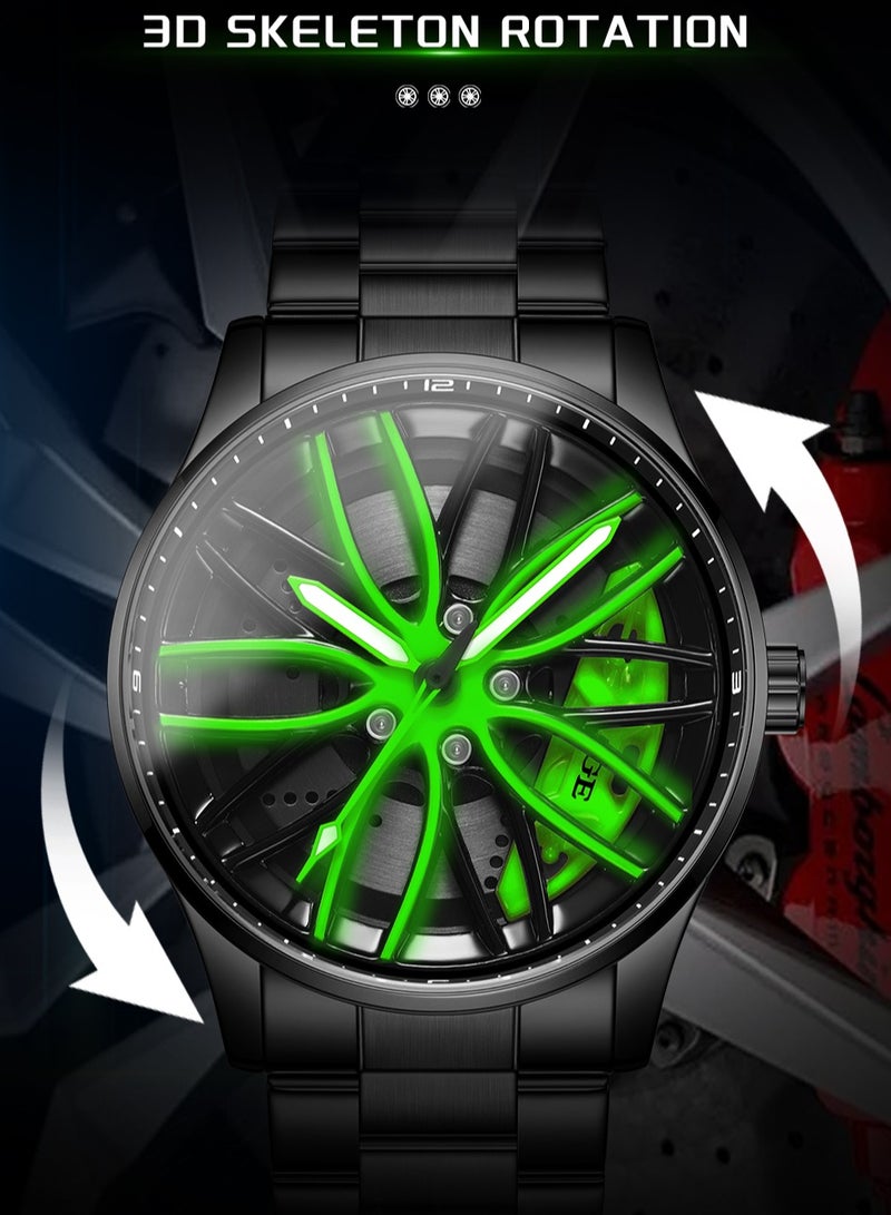 LIGE Men's Creative Rotatable Car Green Wheel Rim Design Watch Dial Waterproof Sports Quartz Watches Luxury Metal Strap Black  - Image 5
