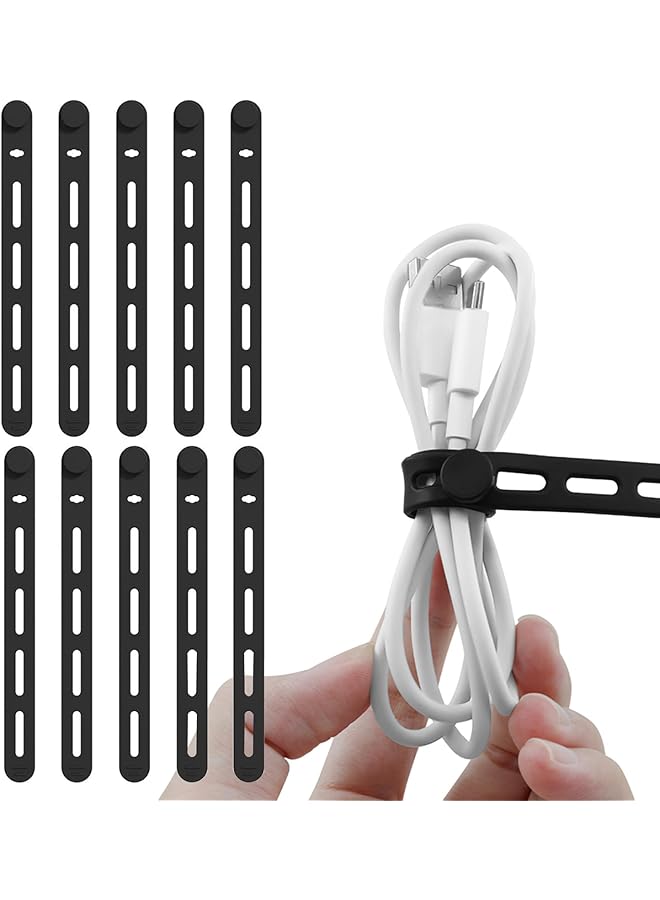 PROMASS 10 Pcs Silicone Cable Ties, Reusable Cable Ties, Elastic Cable Straps with Locking Buckle, Wire Organizer for Home, Office, Car, Travel (Black) - Image 1